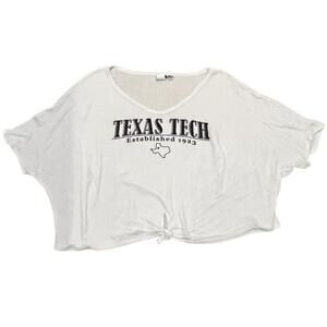 LIVY LU Women’s White & Black Waffle Knit Texas Tech Cropped Front Knot Top, XL